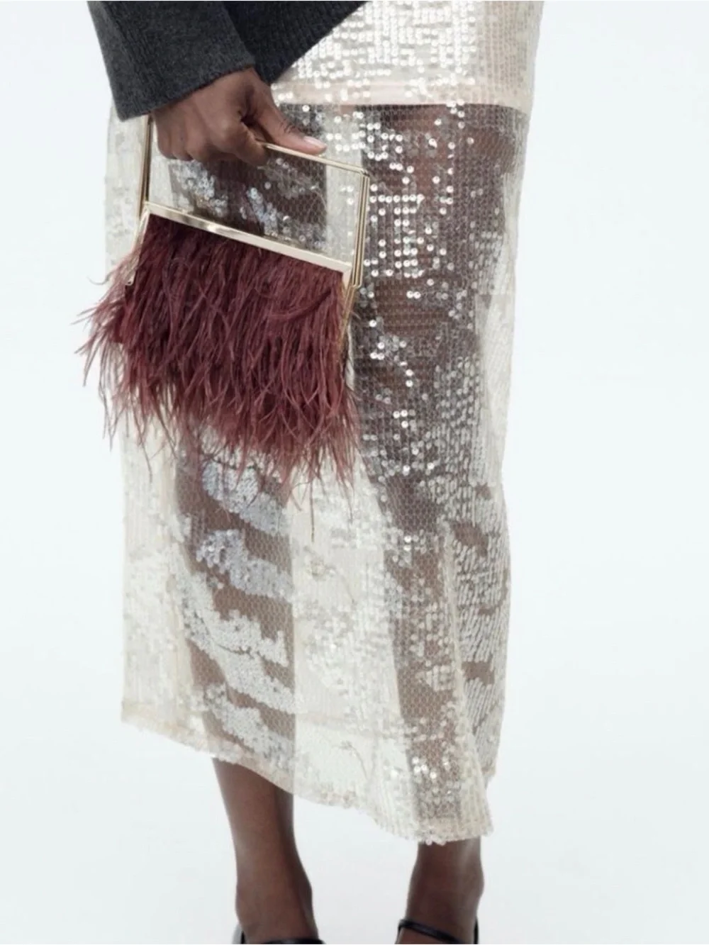 Zara Feather Fringe Evening Clutch in Plum with Gold Frame